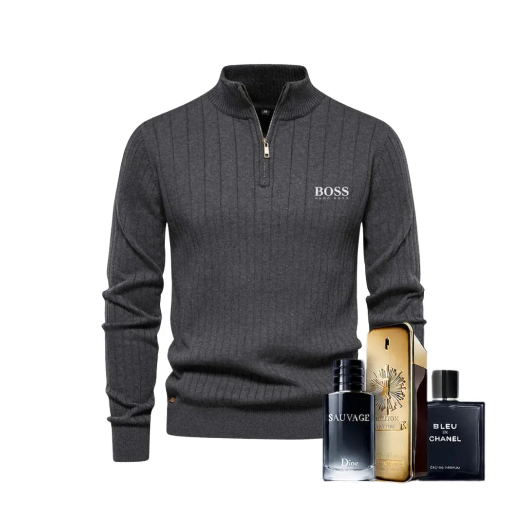 BOSS™ Vertikal gerippter Zip-Neck-Pullover