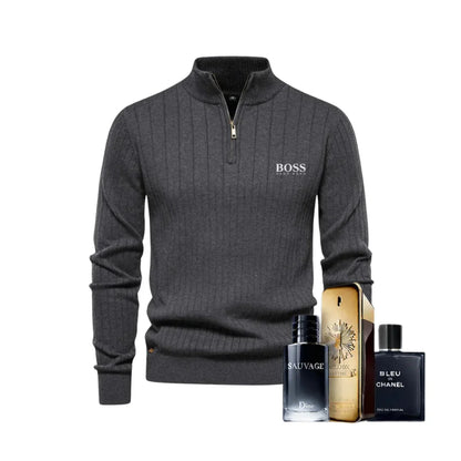 BOSS™ Vertikal gerippter Zip-Neck-Pullover