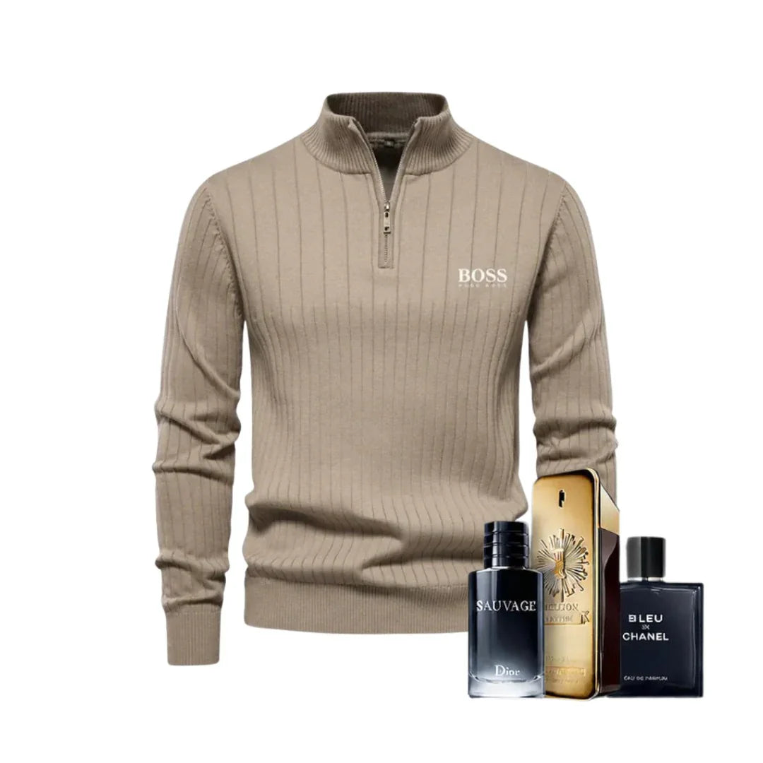 BOSS™ Vertikal gerippter Zip-Neck-Pullover