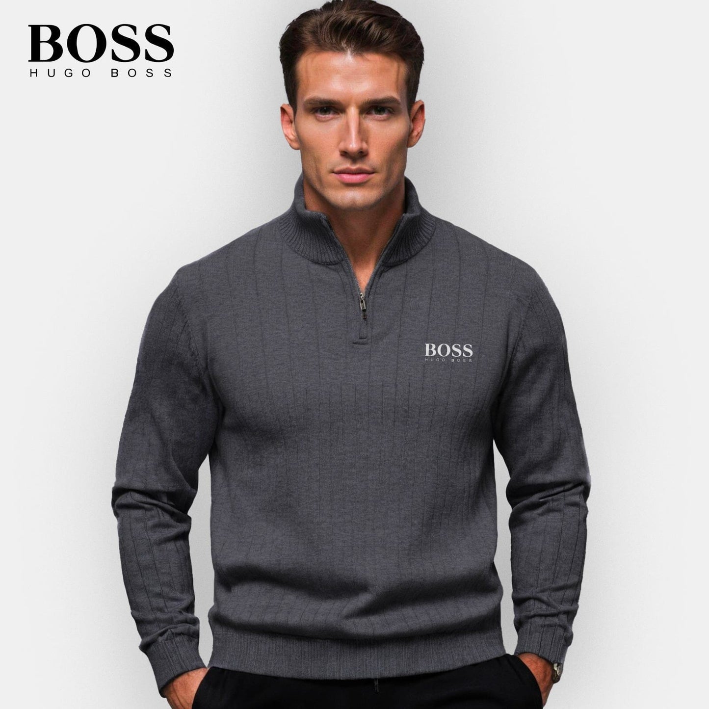 BOSS™ Vertikal gerippter Zip-Neck-Pullover