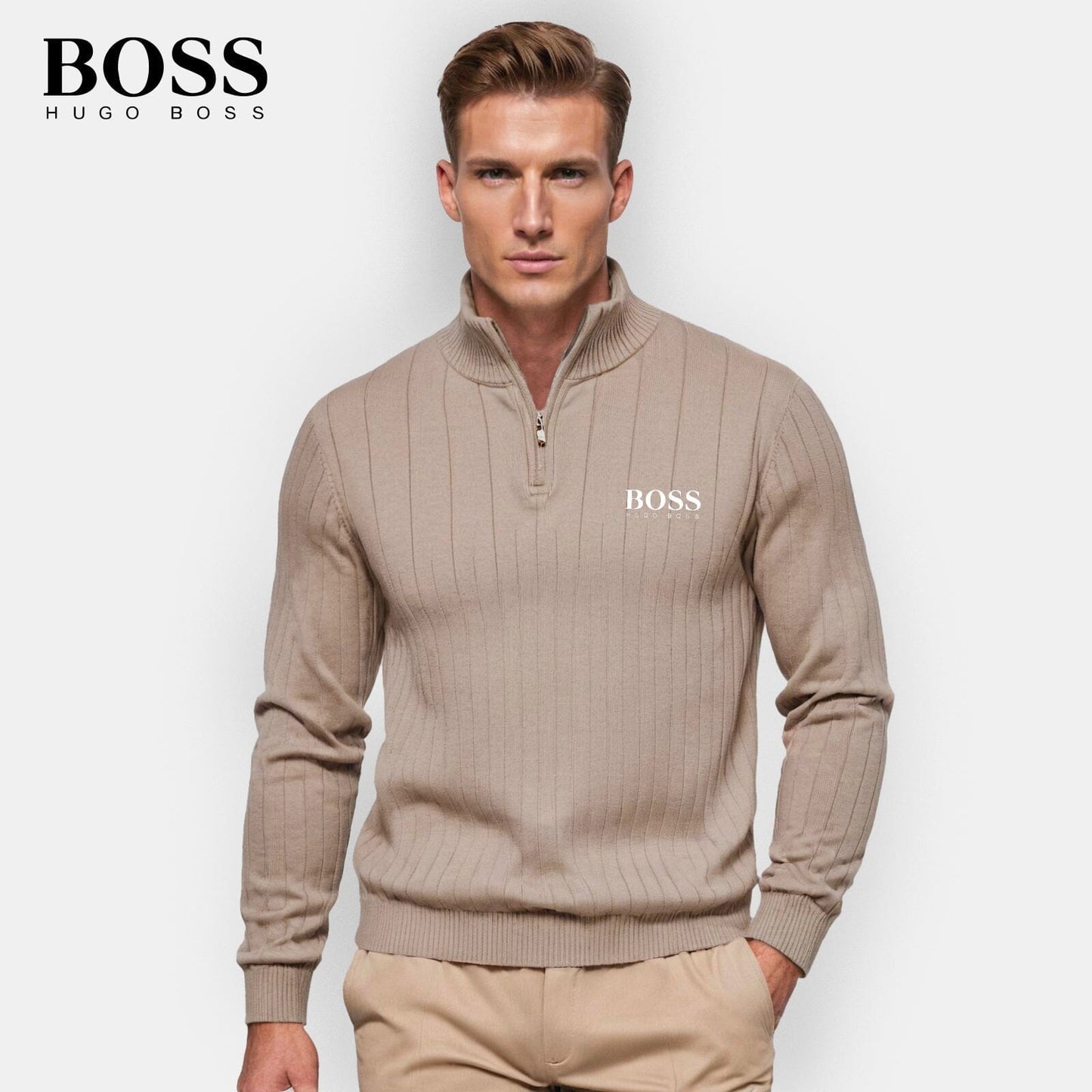 BOSS™ Vertikal gerippter Zip-Neck-Pullover