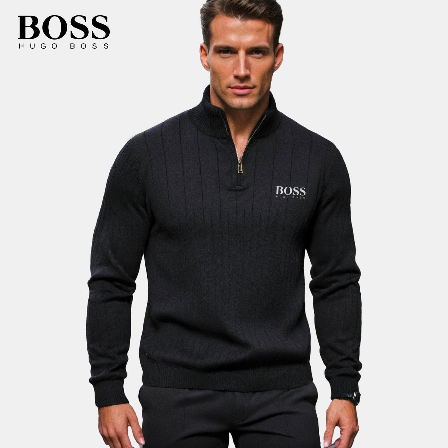 BOSS™ Vertikal gerippter Zip-Neck-Pullover